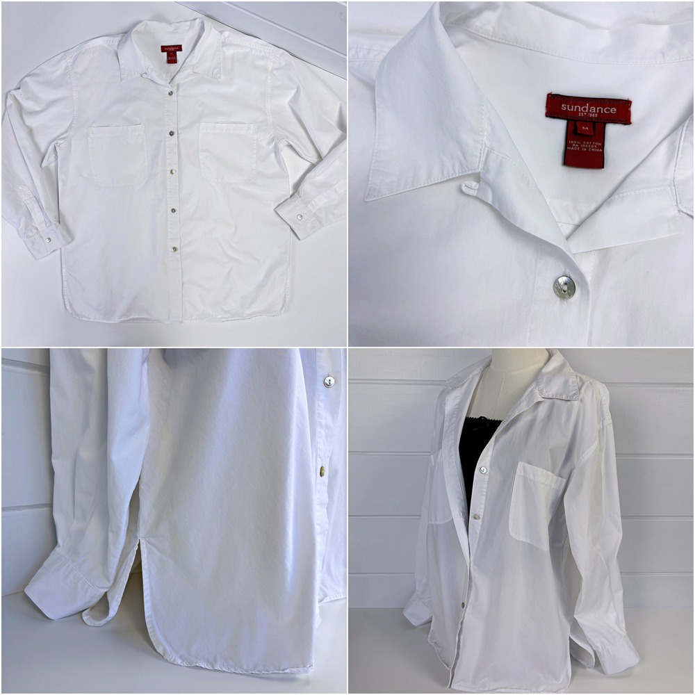Rare Vtg Sundance 50s Style LOOP COLLAR White Cotton Button Up Oversized Shirt M